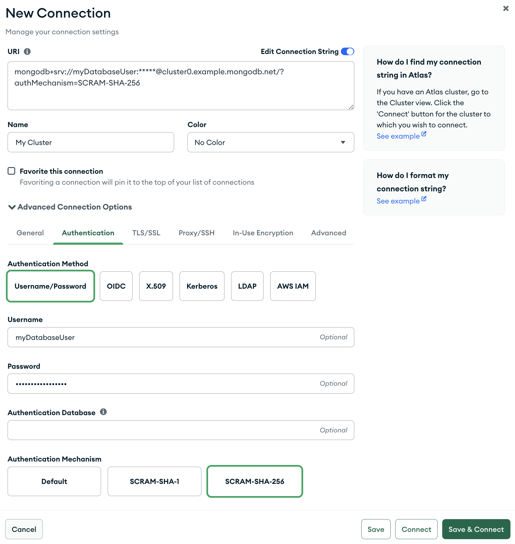 Screenshot of Compass configured to authenticate with username and password